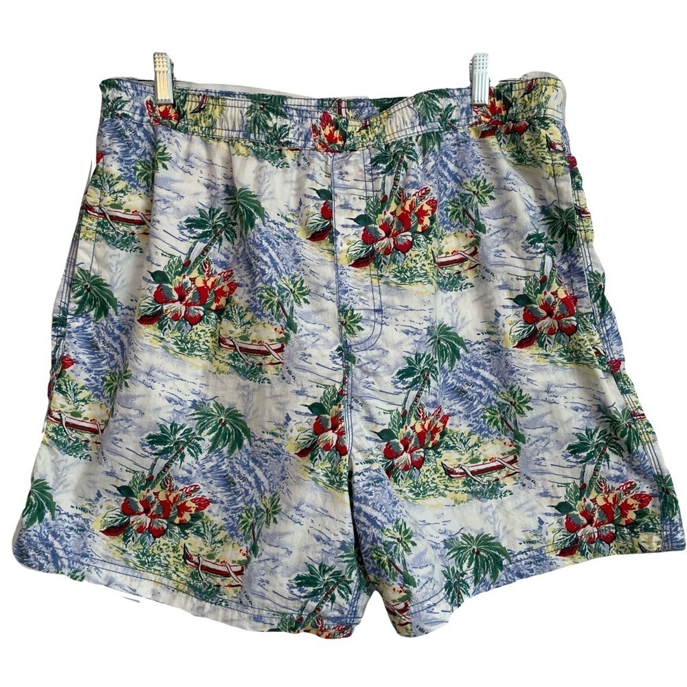 Cremieux Swim Trunks Blue Red Tropical Hibiscus Palm Print Lined Shorts Size XL